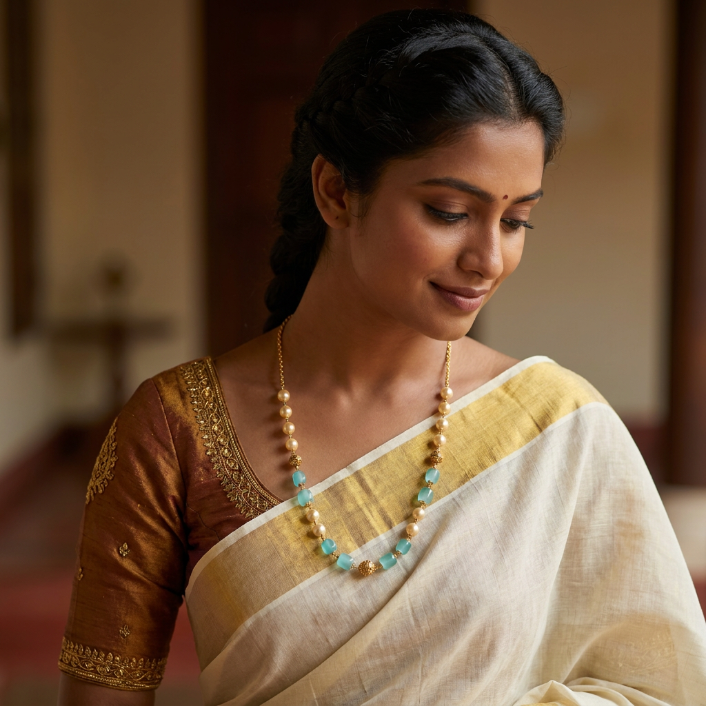 Tarangini Aqua Chalcedony & Pearl Gold Station Mala