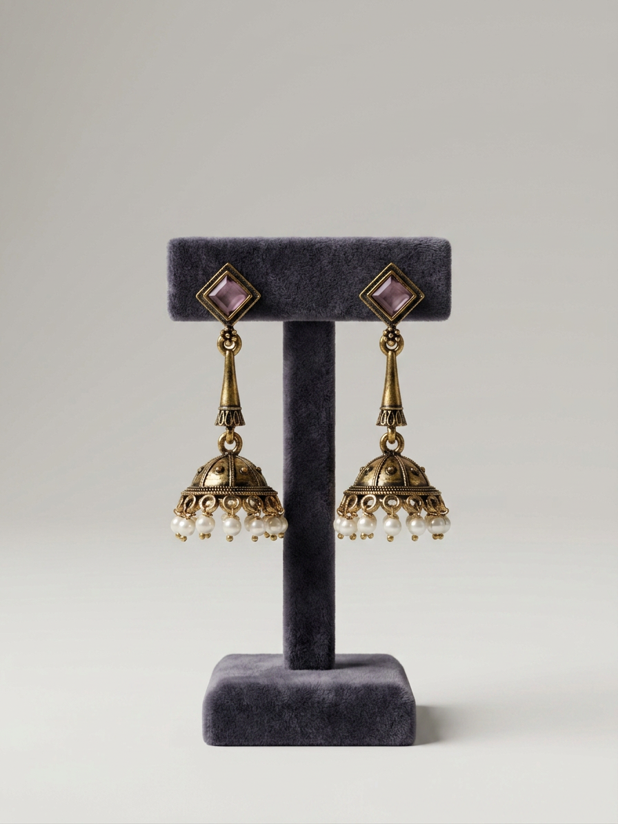 Rhombus Stone Antique Gold Pearl Jhumka Earrings