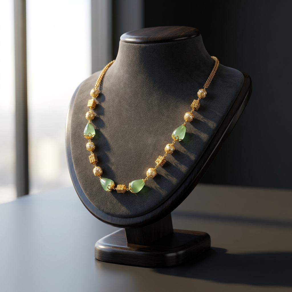 Traditional Mint Green Chalcedony & Gold Filigree Mala Necklace
