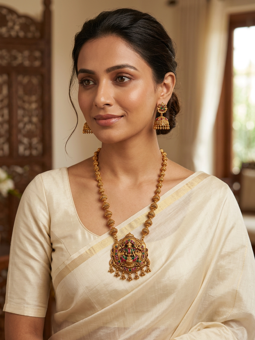 Antique Gold Lakshmi Temple Haram Necklace Set with Jhumkas