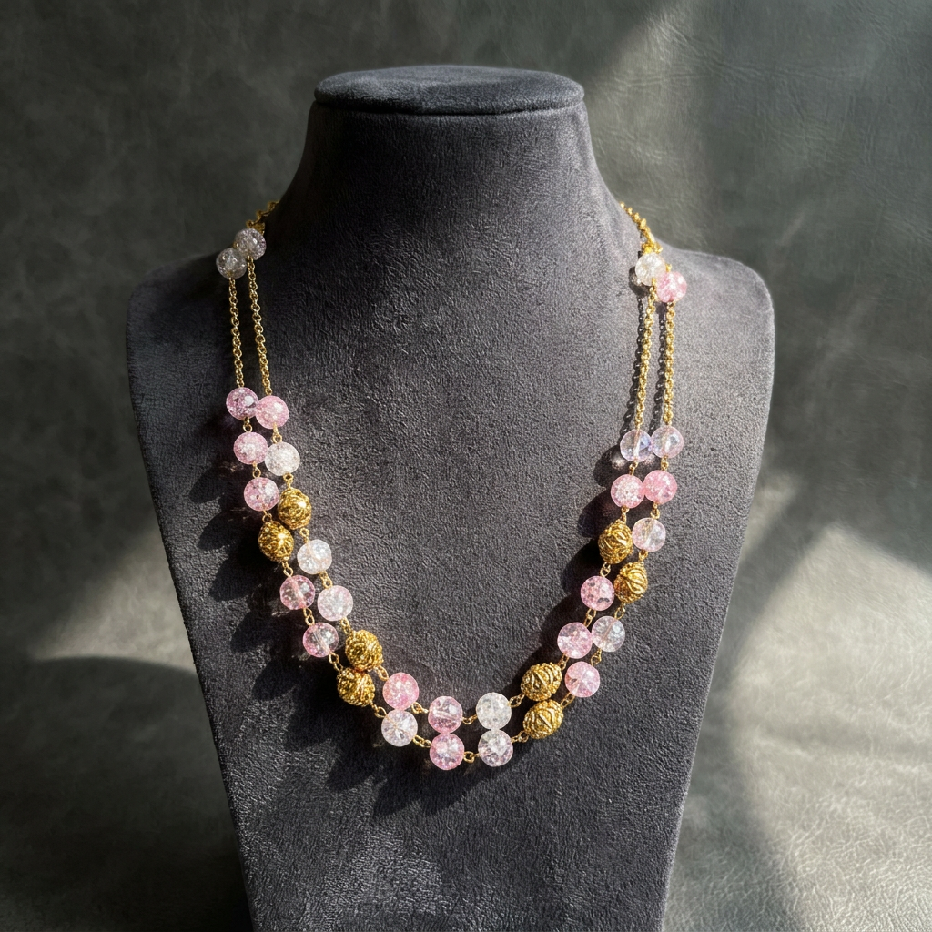 Rose Pink & Crystal Crackle Glass Layered Mala