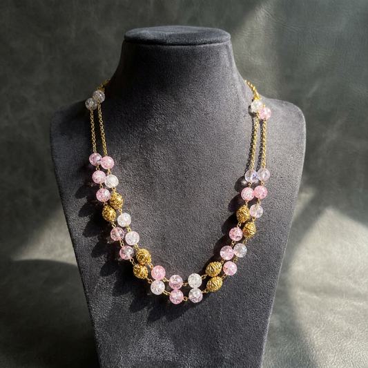 Rose Pink & Crystal Crackle Glass Layered Mala
