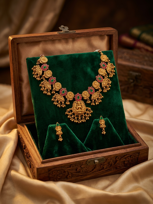 Divine Lakshmi Temple Gold Short Necklace & Drop Earrings Set