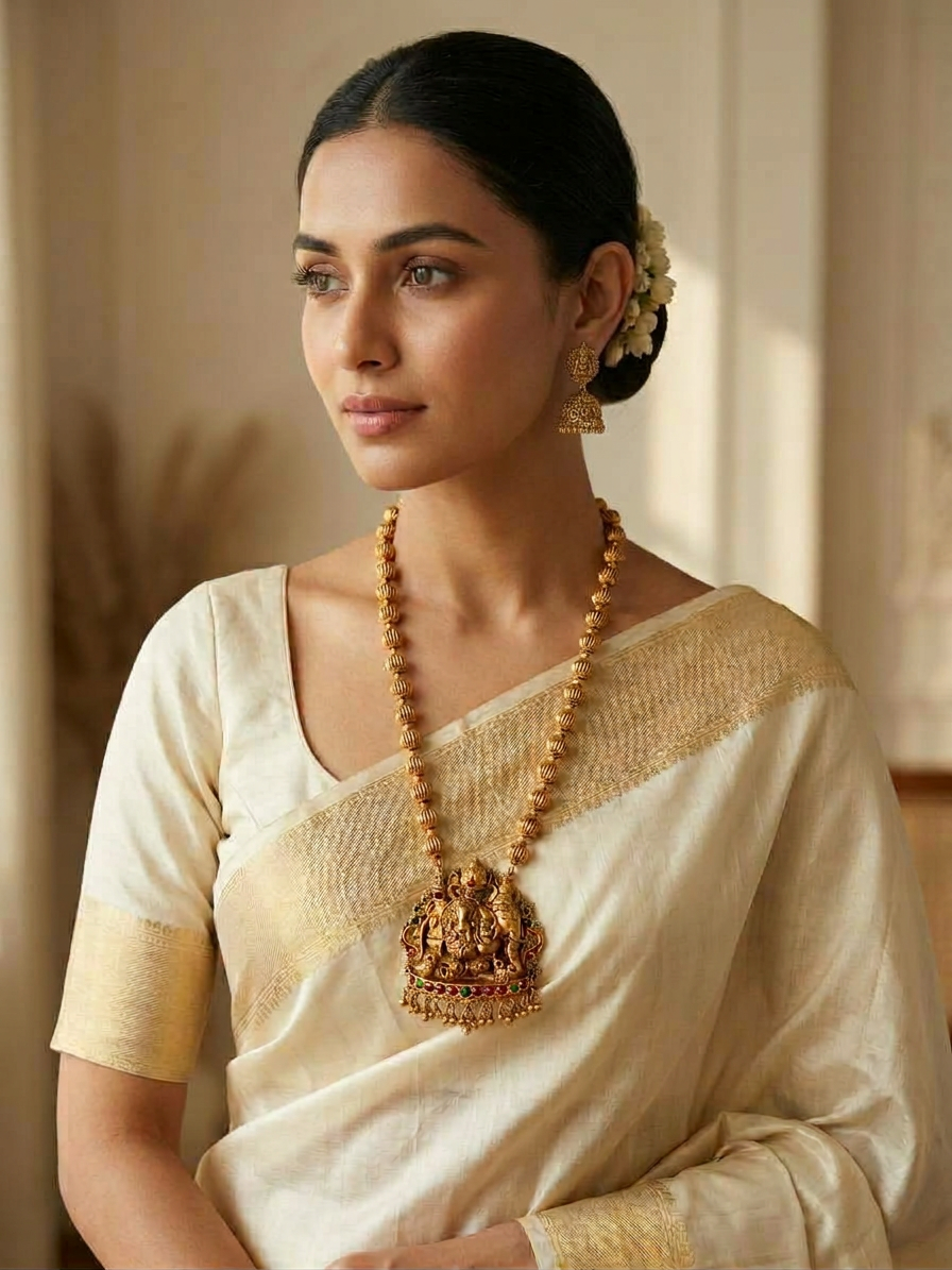 Antique Gold Elephant & Lakshmi Temple Haram Necklace Set with Jhumkas