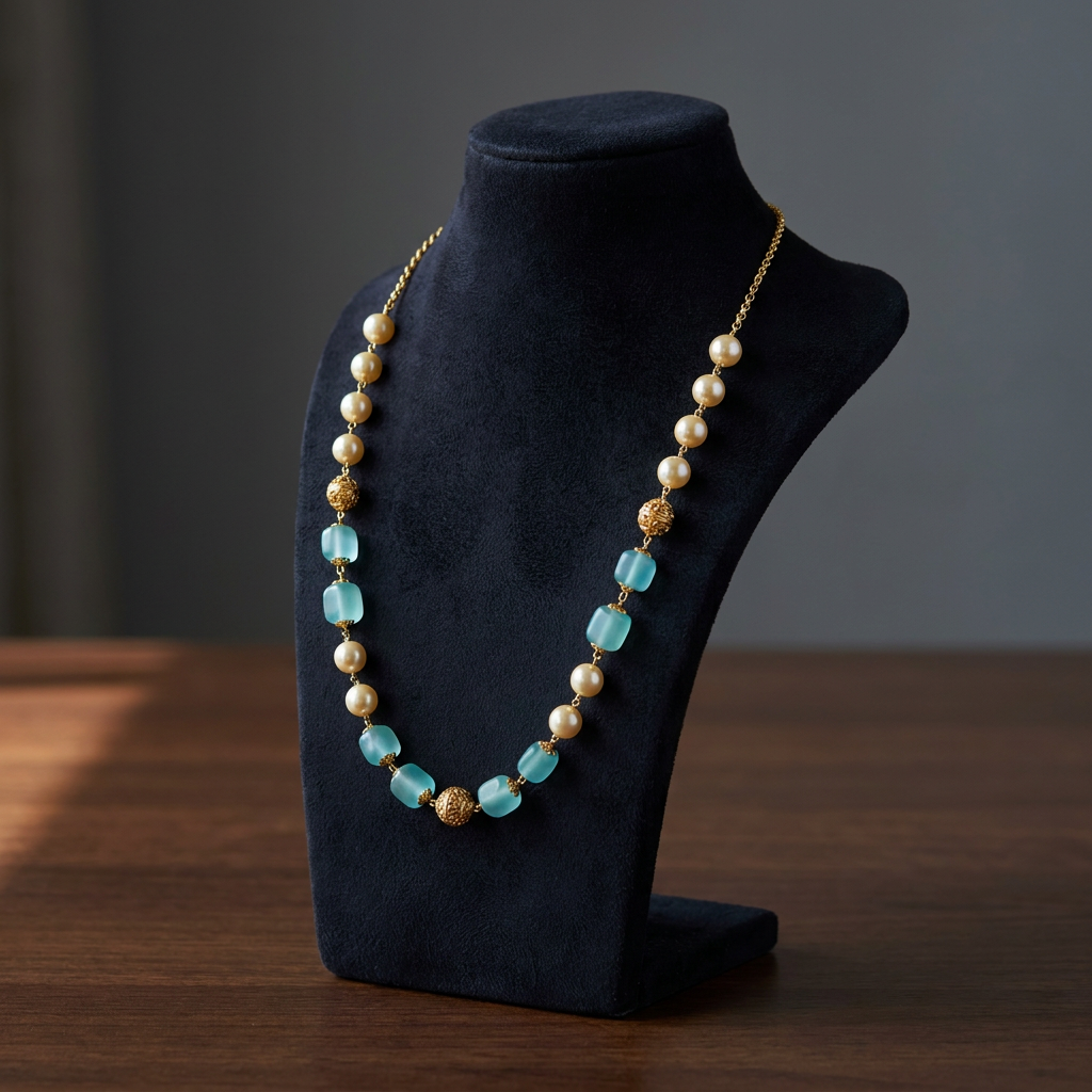 Tarangini Aqua Chalcedony & Pearl Gold Station Mala
