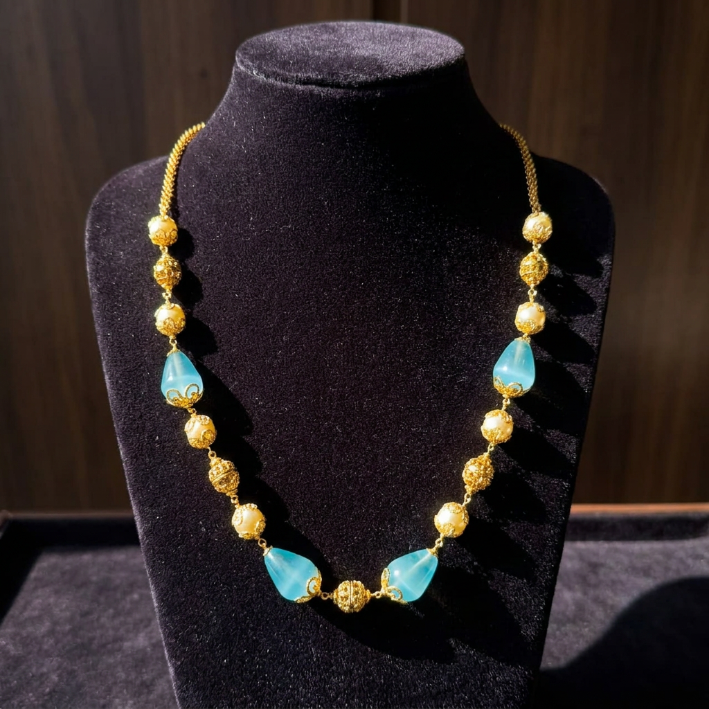 Traditional Aqua Blue Chalcedony & Gold Filigree Mala Necklace