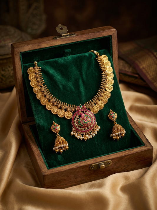 Regal Antique Gold Kasu Mala with Ruby Emerald Peacock Pendant & Jhumka Set