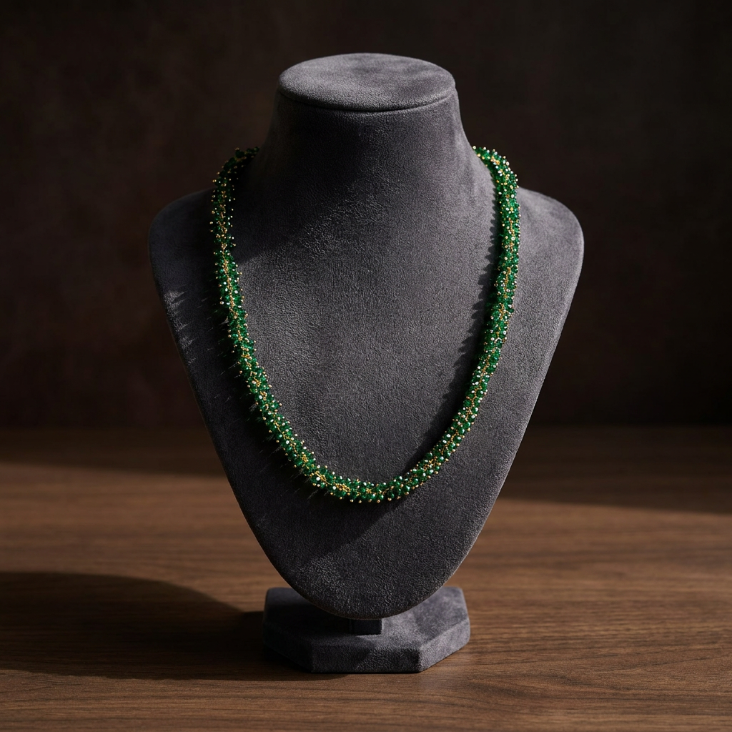 Traditional Emerald Green Woven Beaded Mala Necklace