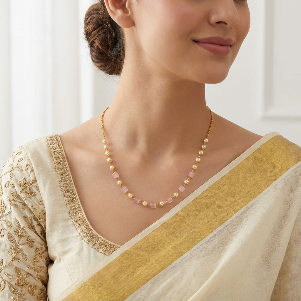 Mridula Rose Quartz & Pearl  Gold Station Mala
