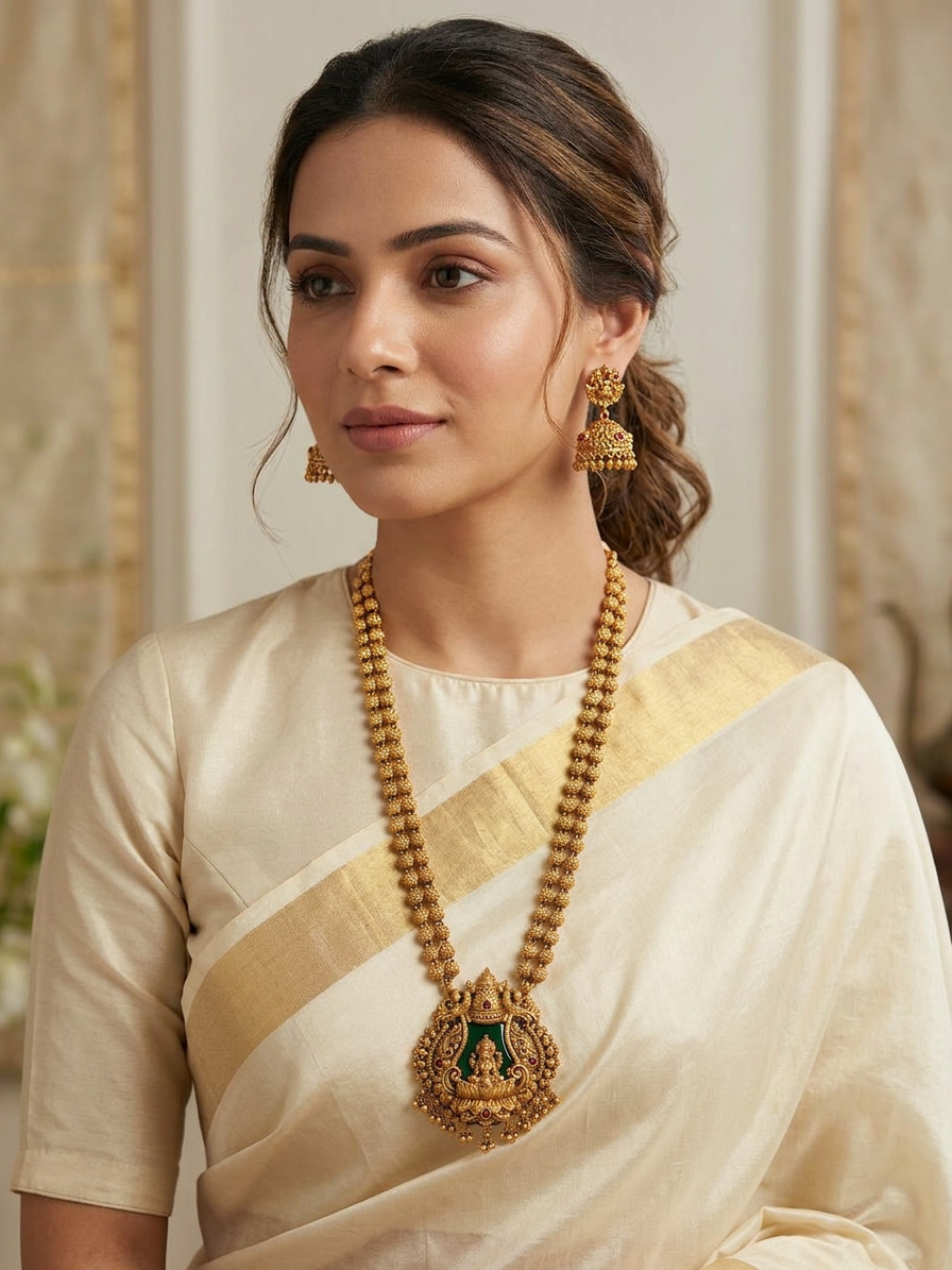 Antique Gold Double-Strand Lakshmi Haram & Jhumka Set