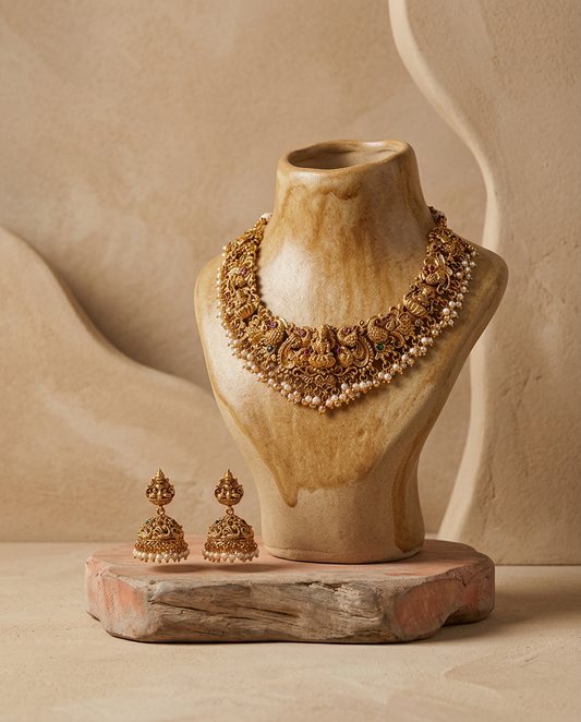 Royal Antique Gold Lakshmi Peacock Choker & Jhumka Set