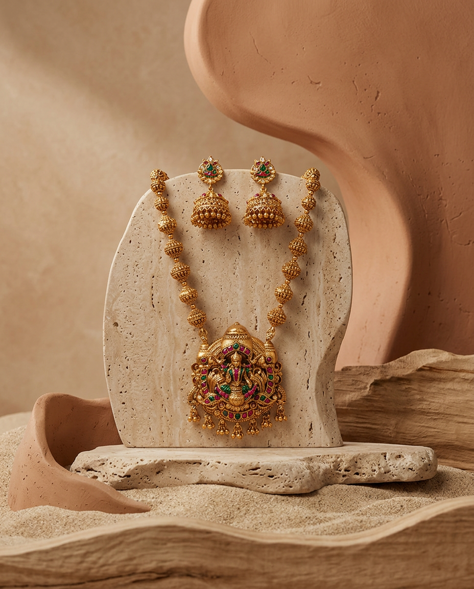 Antique Gold Lakshmi Temple Haram Necklace Set with Jhumkas
