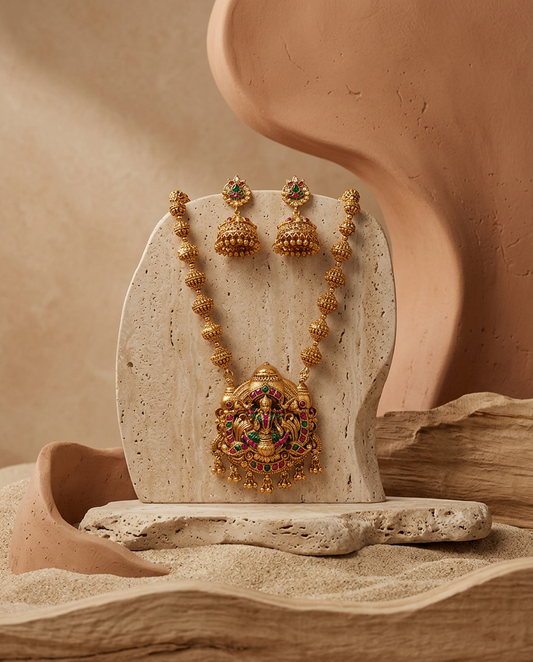 Antique Gold Lakshmi Temple Haram Necklace Set with Jhumkas
