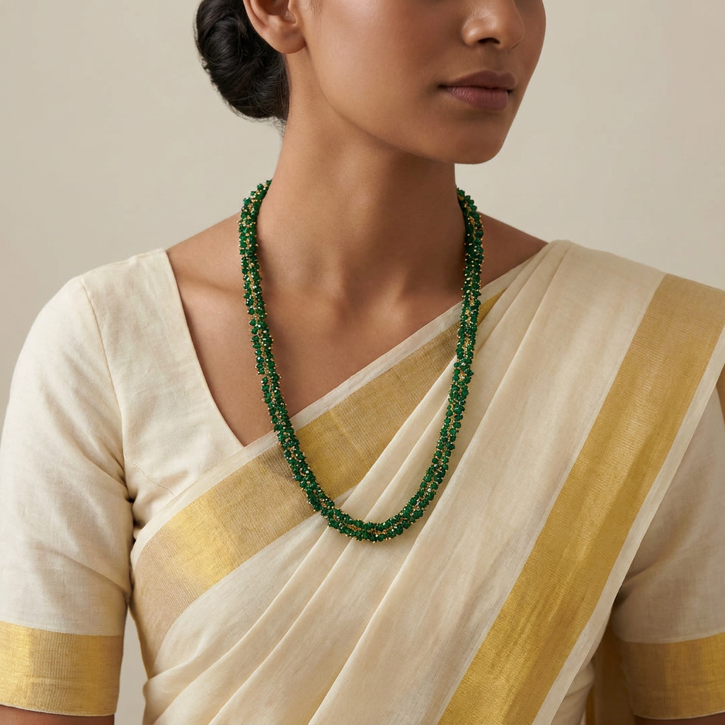 Traditional Emerald Green Woven Beaded Mala Necklace