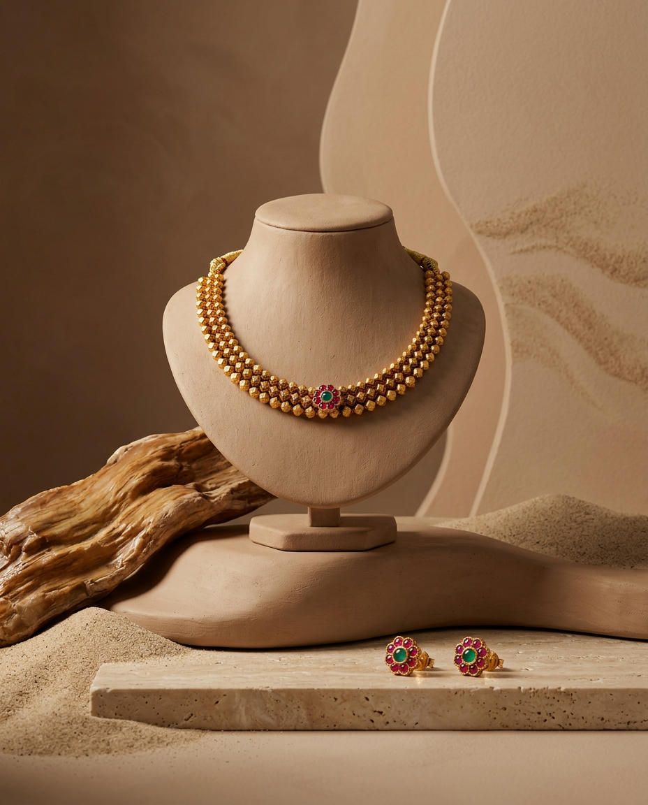 Antique Gold Beaded Mesh Choker Necklace Set with Floral Motif