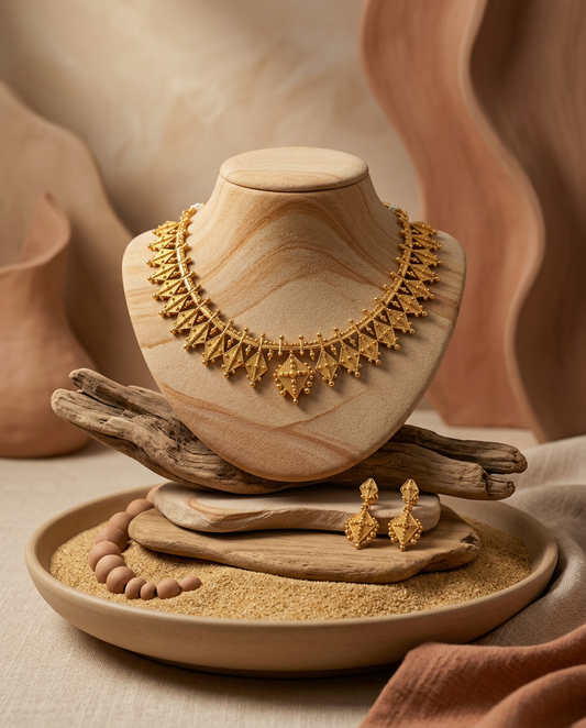 Geometric Antique Gold Diamond-Motif Choker & Earrings Set