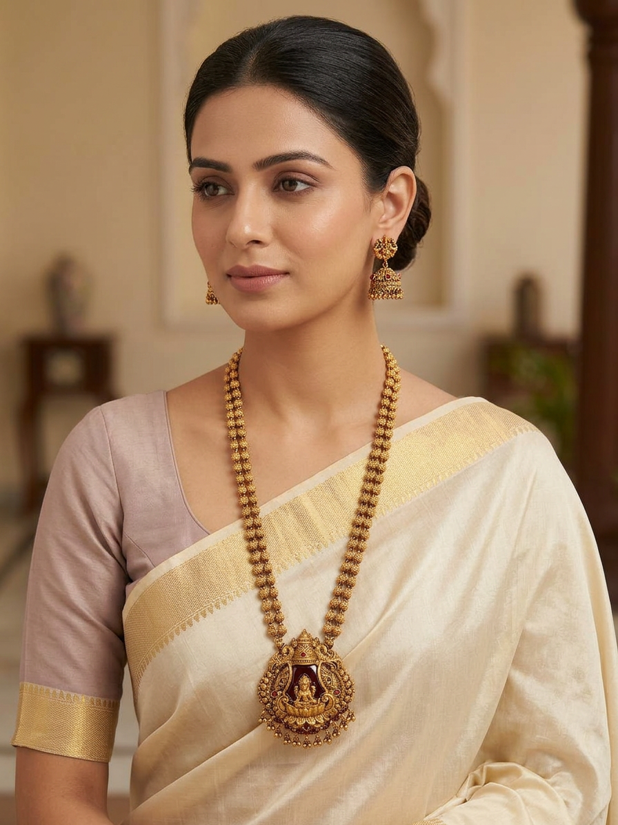 Antique Gold Double-Strand Lakshmi Haram & Jhumka Set