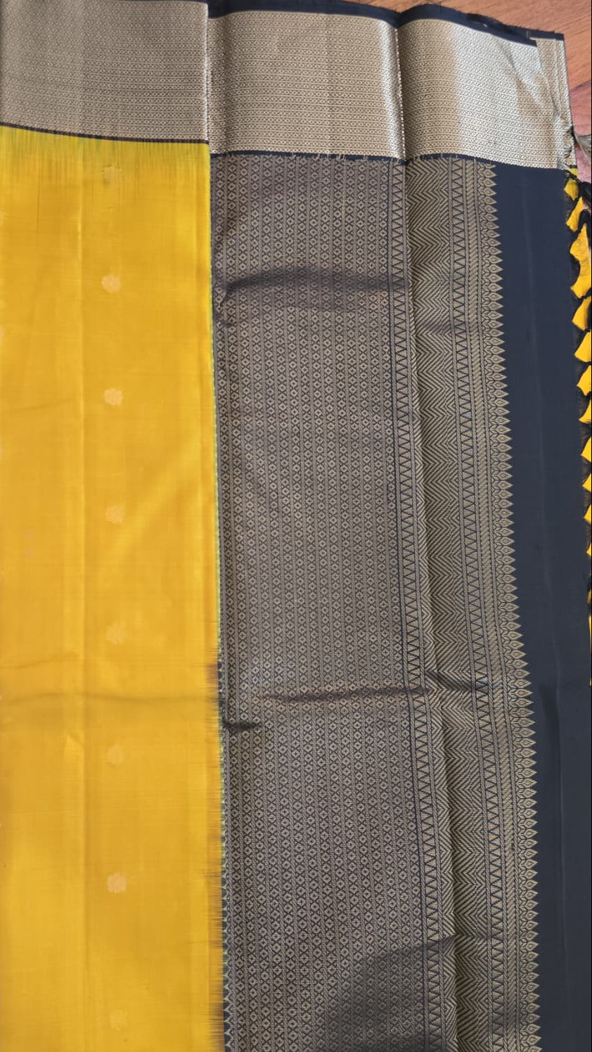 Mango Yellow & Black Pure Kanchipuram Silk Saree with Gold Zari Border