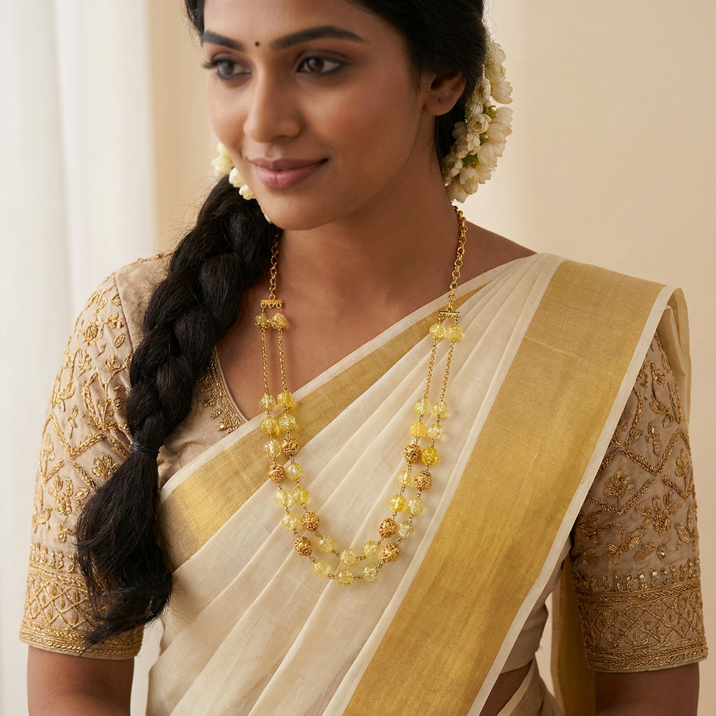 Traditional Lemon Yellow Crackle Glass & Gold Filigree Layered Mala