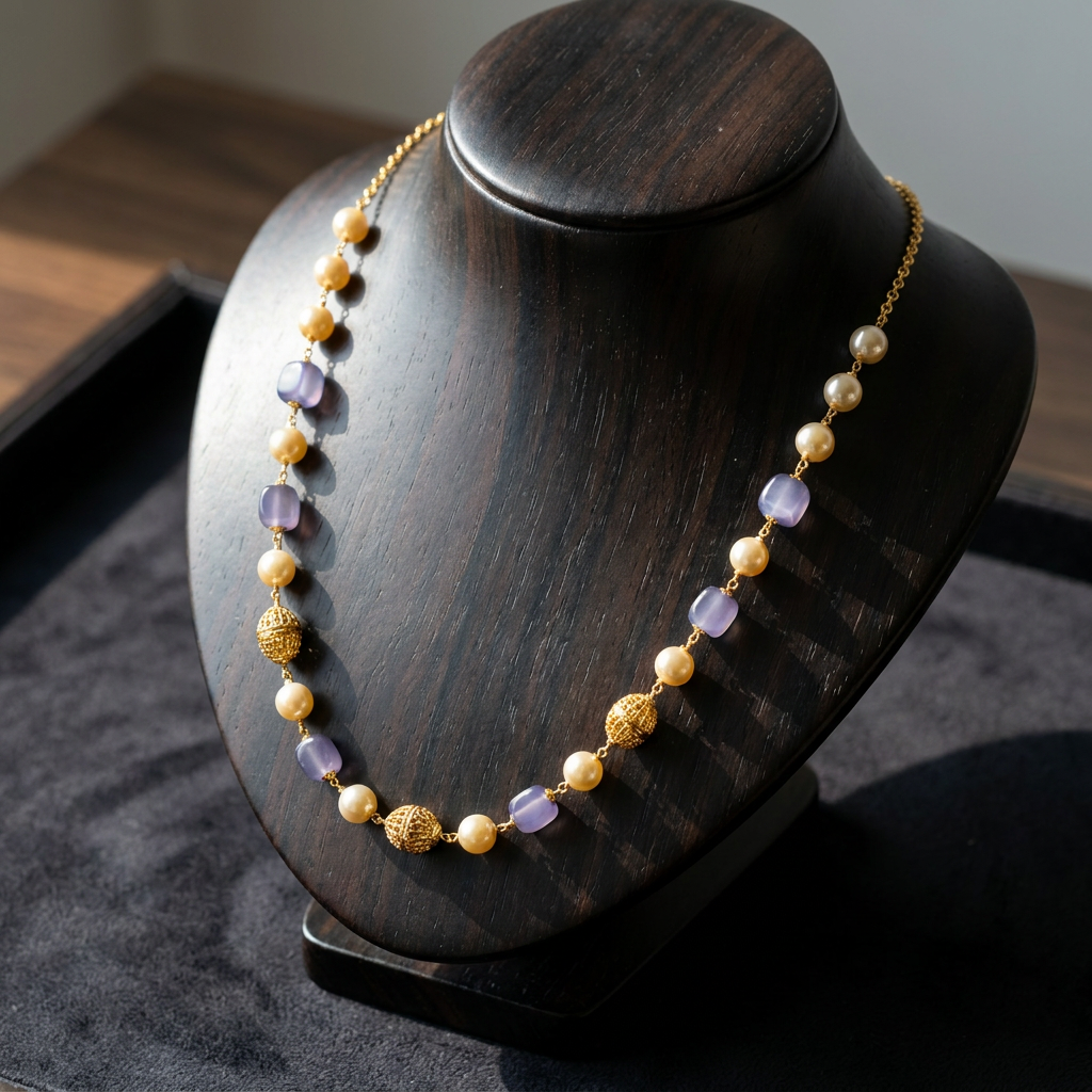 Lavender Quartz & Cream Pearl Filigree Mala