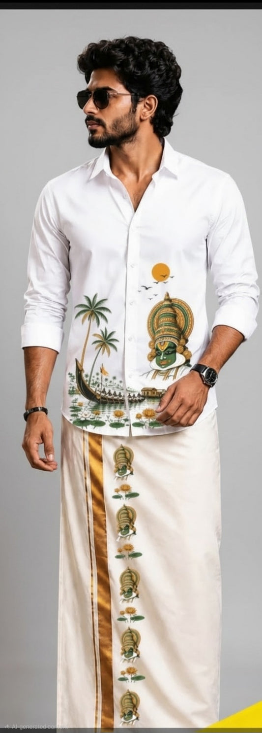 Kathakali Heritage Shirt and Mundu White Combo Set