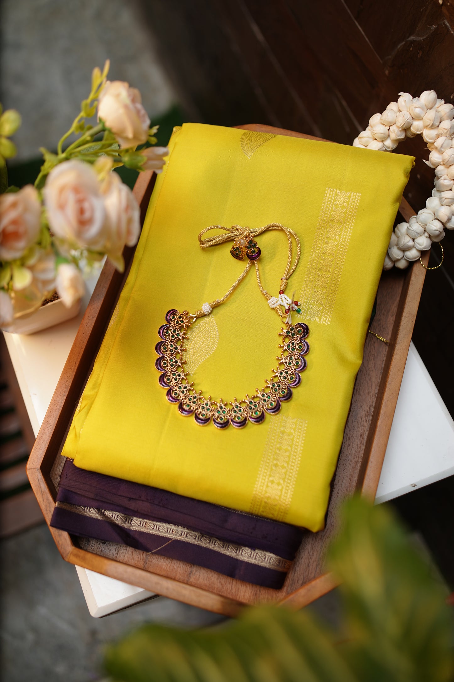 Mustard Glow with Silver Zari & Green Accents Pure Kanchipuran Silk Saree