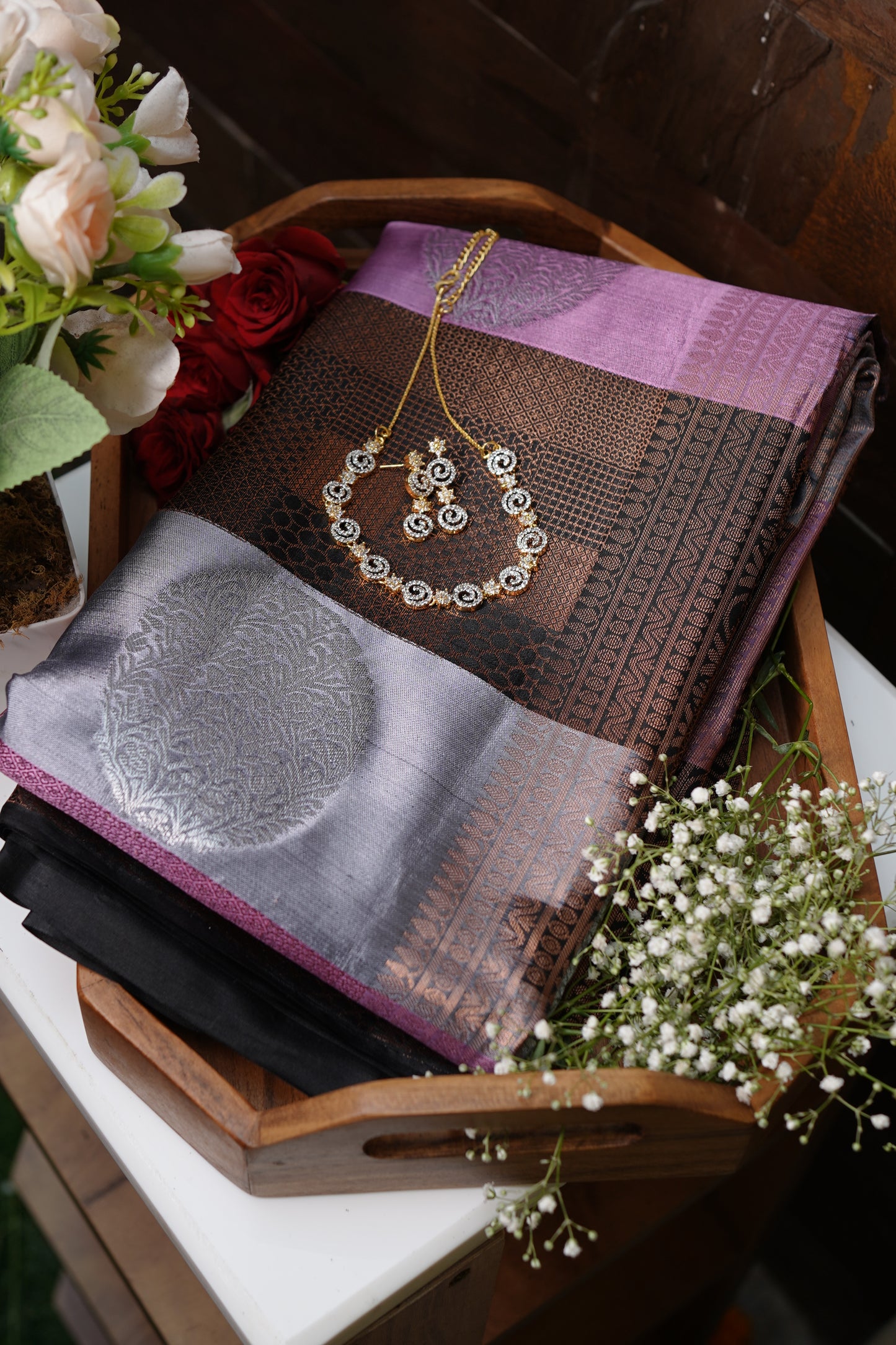 Lavender Zari Kanchipuram Silk Saree – Geometric & Floral Motifs