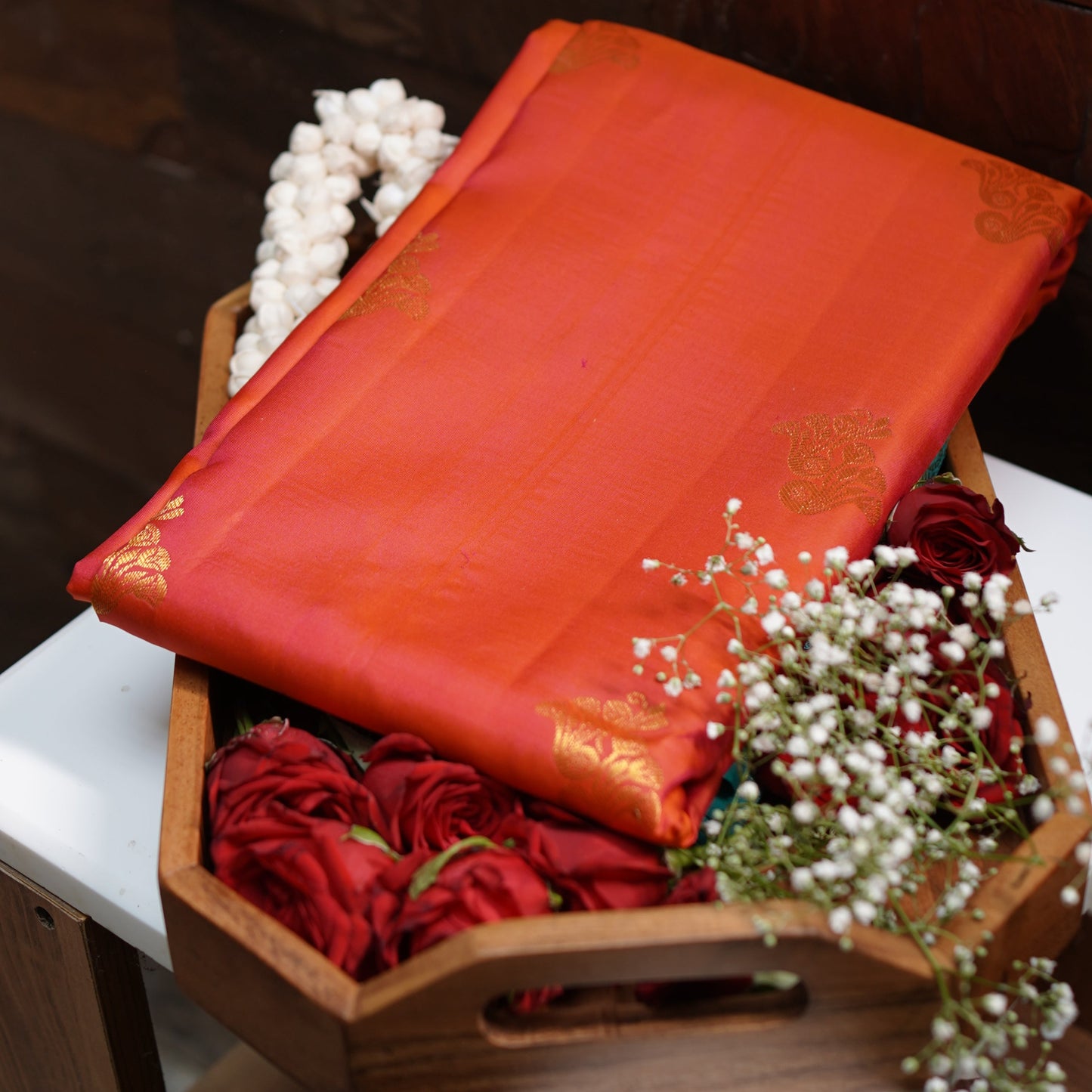 Coral Red with Green Border Pure Kanchipuram Silk Saree
