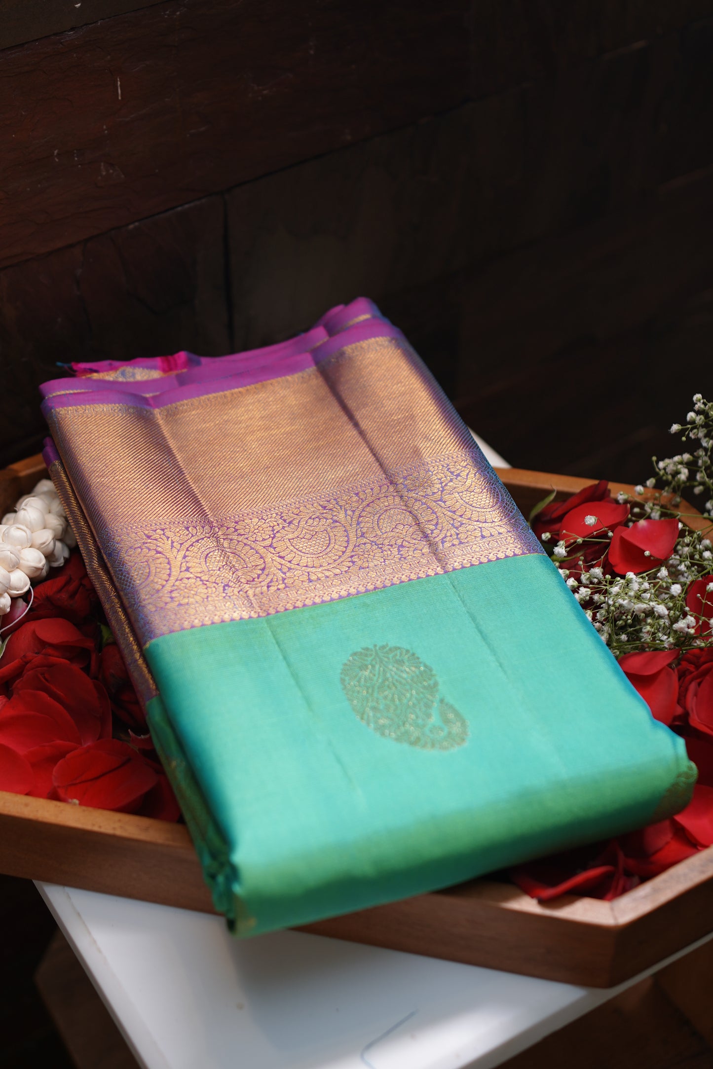 Green with Violet Border Pure Kanchipuram Silk Saree