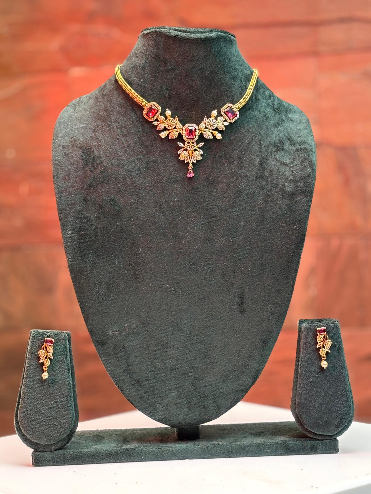 Ruby Blossom Elegance AD Necklace Set