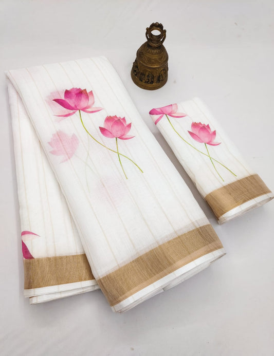 Lotus motif Linen Saree