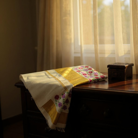 Kerala Floral Printed Tissue Saree with Golden Border
