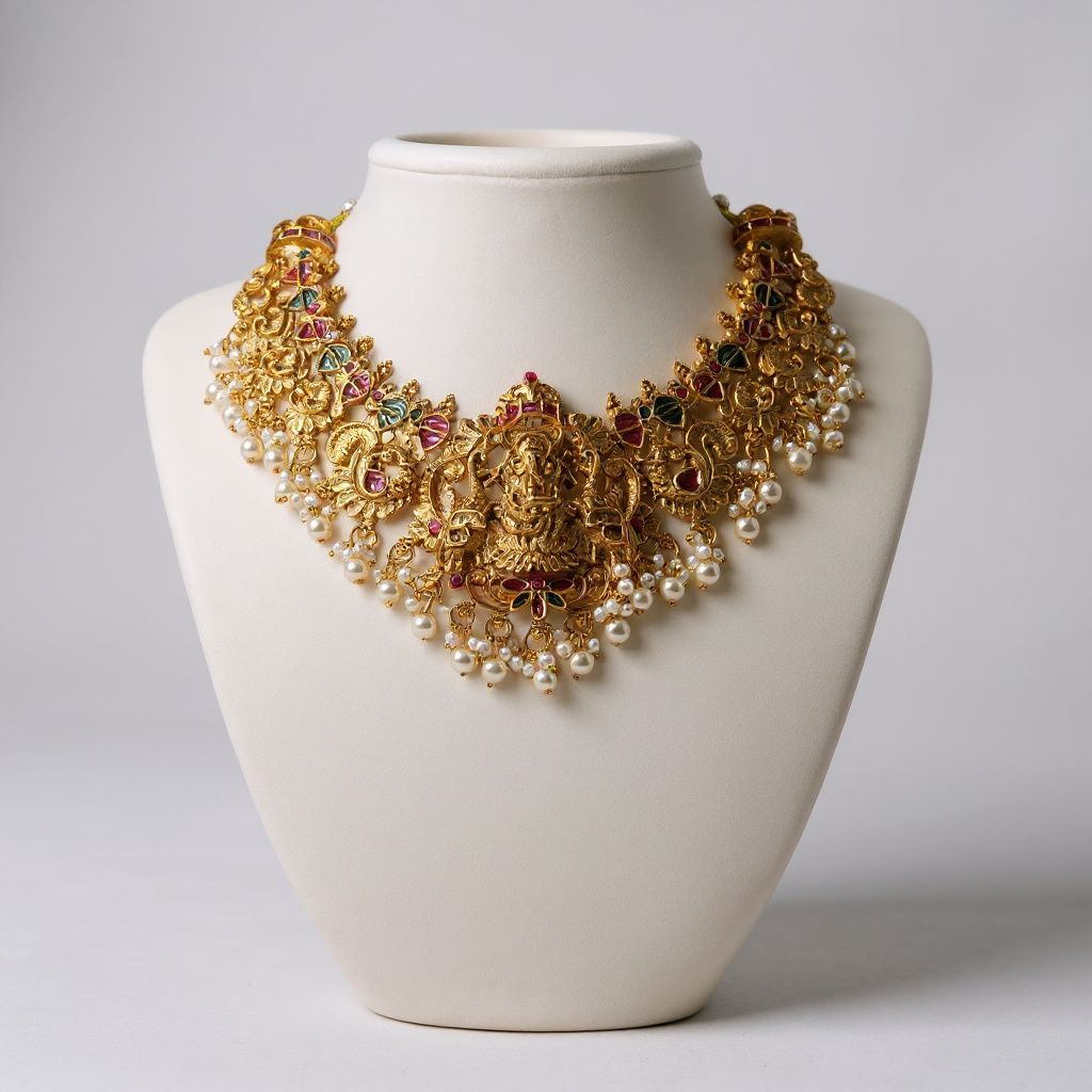 Temple Lakshmi  Necklace Set with Pearl Drops