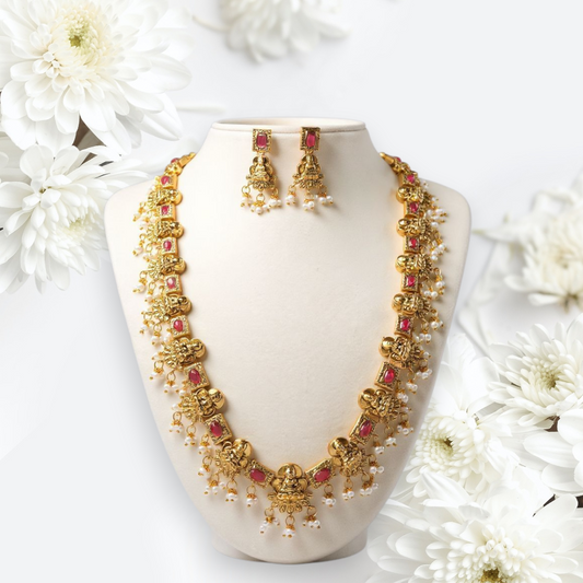 Antique Temple Lakshmi Long Haram Necklace with Ruby Stones & Earrings