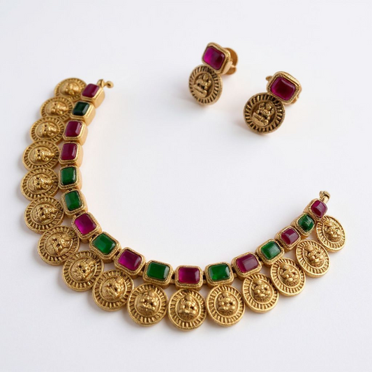 Traditional Lakshmi Coin Necklace set with Red and Green