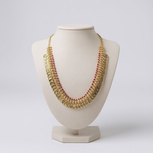 Gold Plated Kasu Mala and Ruby Necklace