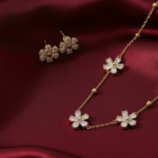 18K Gold Plated Zircon Tiny Three Flower Necklace & Earrings Set