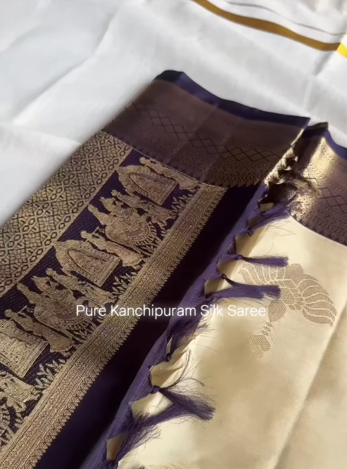 Off White and Royal Purple  Pure Kanchipuram Silk Saree