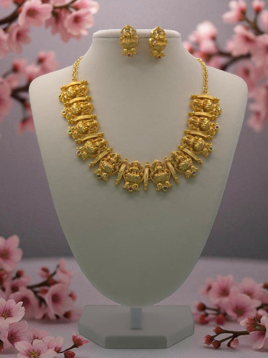 Gold Plated Temple Design Lakshmi Necklace Set