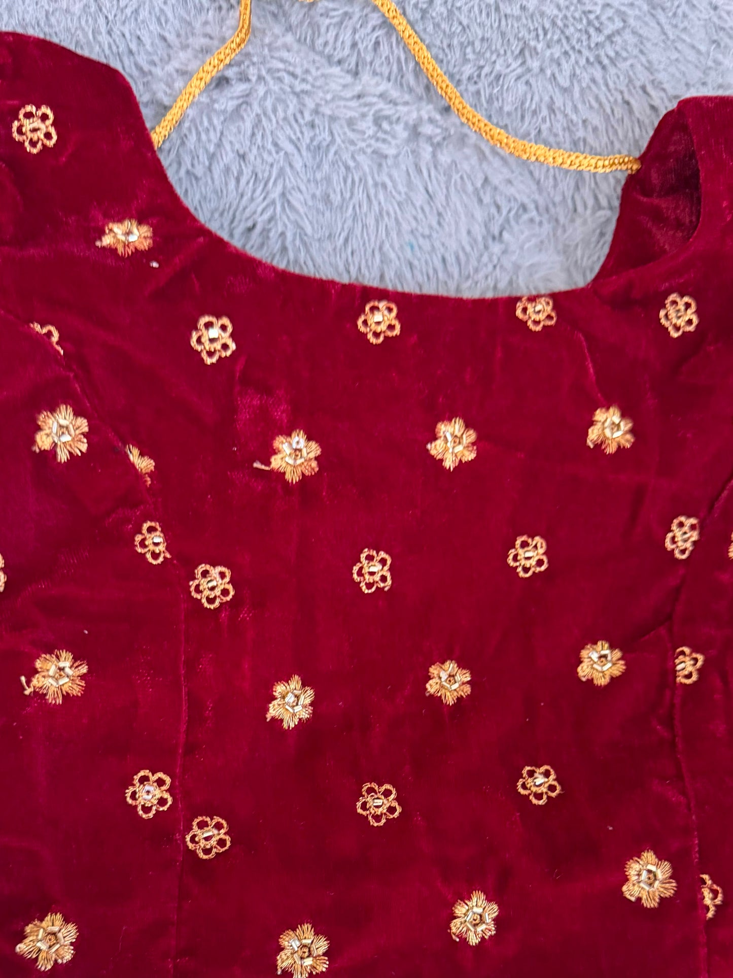 Maroon Velvet Blouse with Cream Embroidered Skirt Set