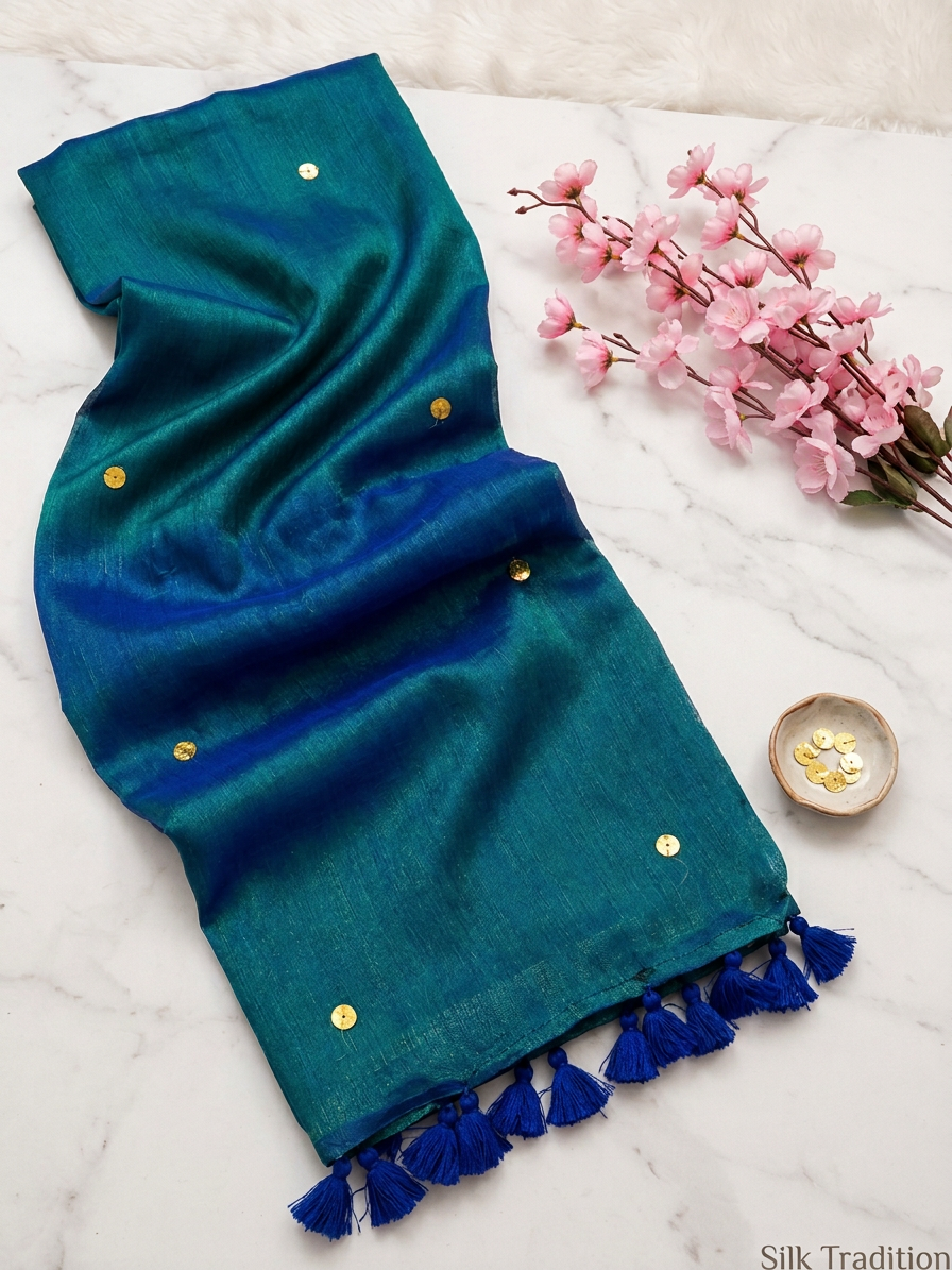 Peacock color Raga Tissue Soft  Saree