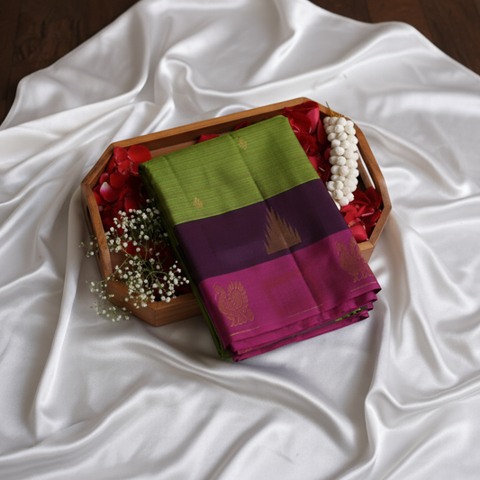 Parrot Green with Purple & Magenta Border Pure Kanchipuram Silk Saree