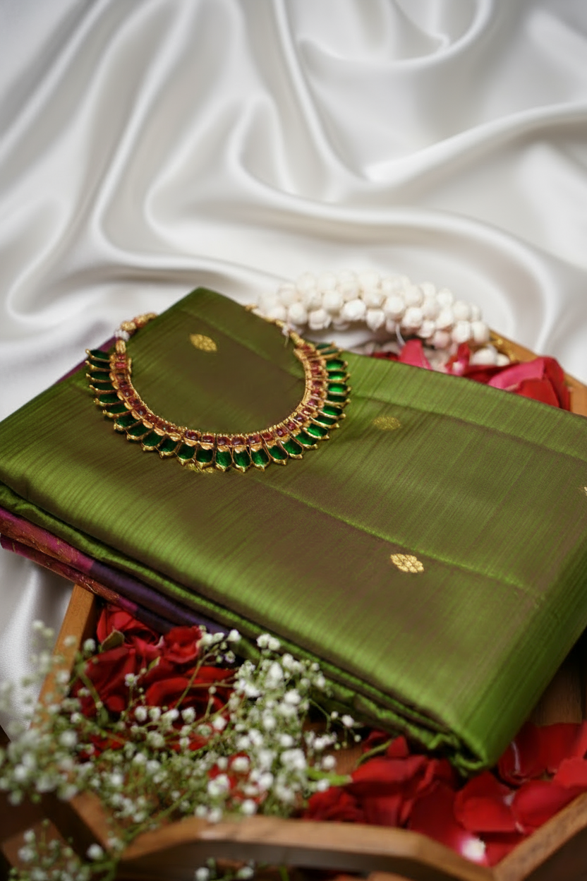 Parrot Green with Purple & Magenta Border Pure Kanchipuram Silk Saree