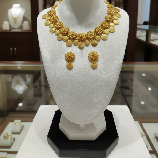 Floral Coin Necklace Set with Antique Finish