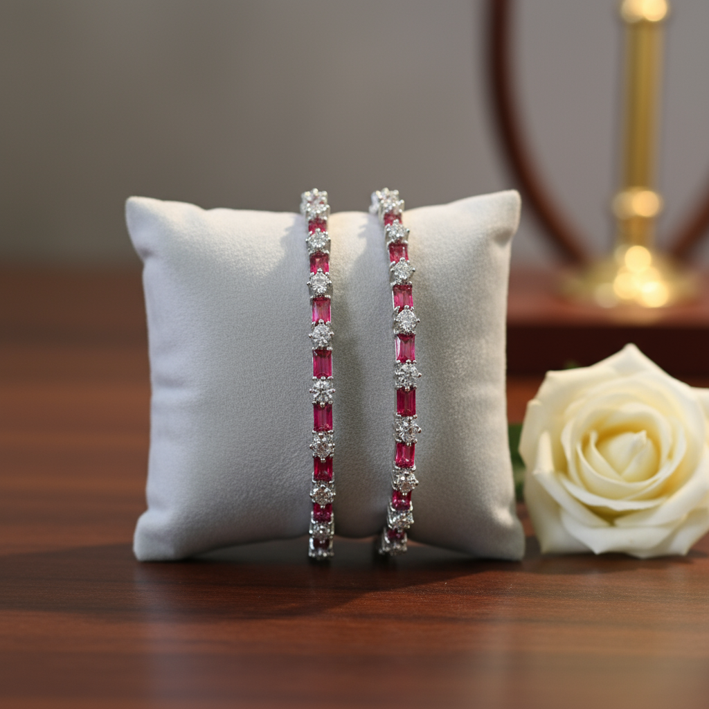 AD Bangle with Pink and white stones set of 2