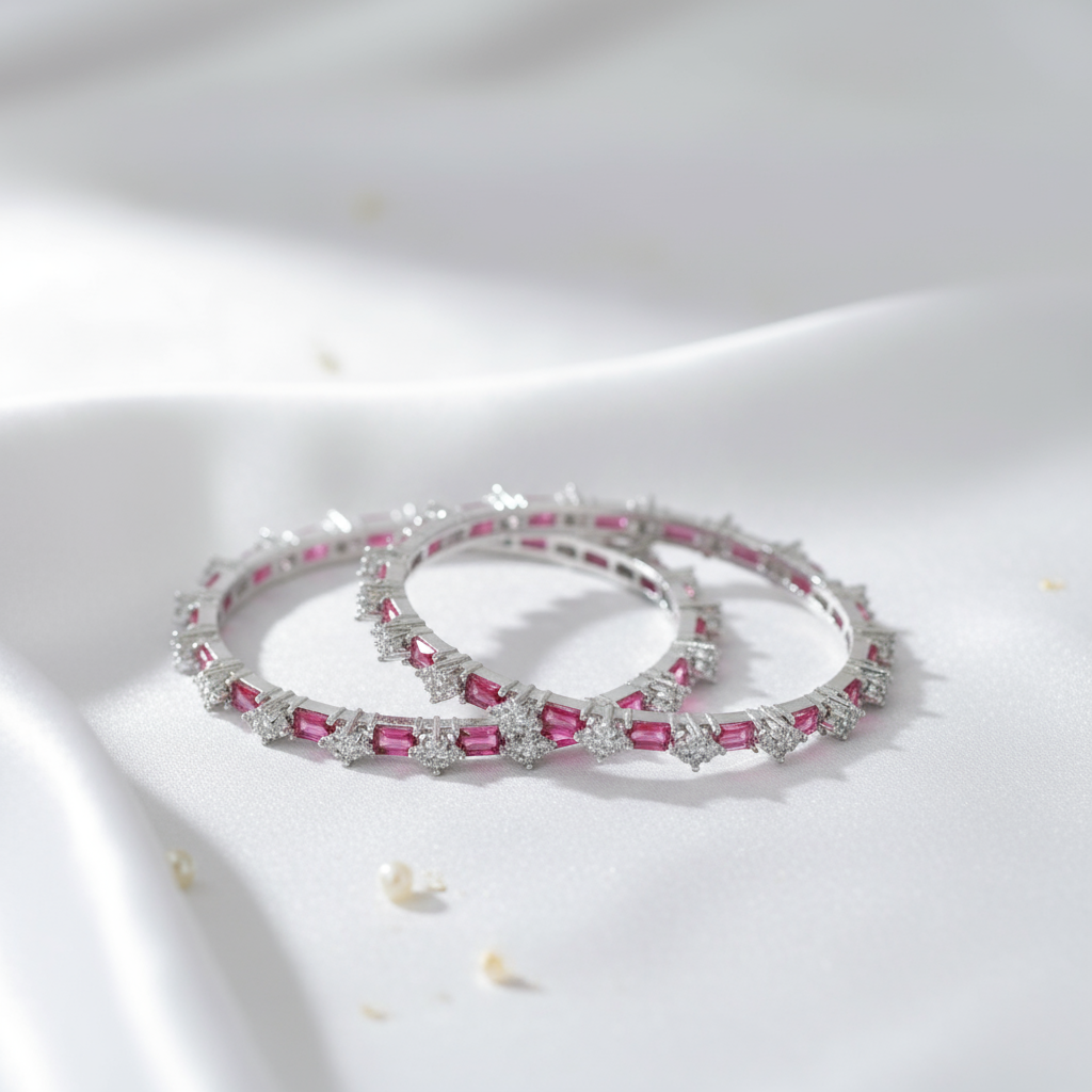 AD Bangle with Pink and white stones set of 2