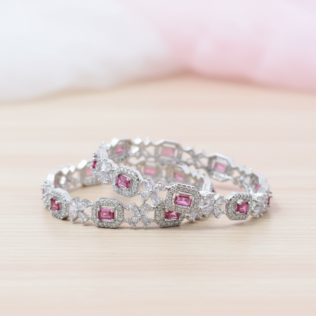 AD Bangle with Pink and white stones set of 2