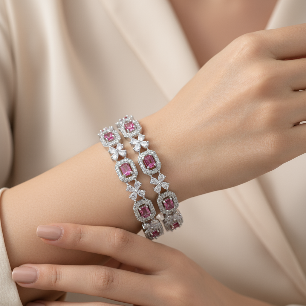 AD Bangle with Pink and white stones set of 2