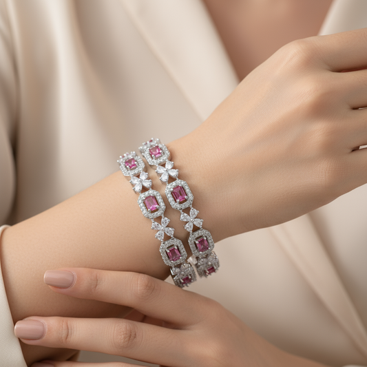 AD Bangle with Pink and white stones set of 2