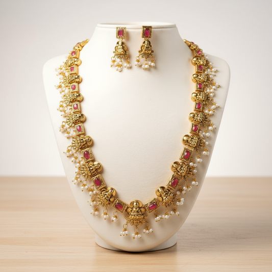 Antique Temple Lakshmi Long Haram Necklace with Ruby Stones & Earrings